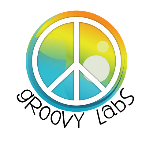 colorful peace sign symbol with script stating "groovy labs"